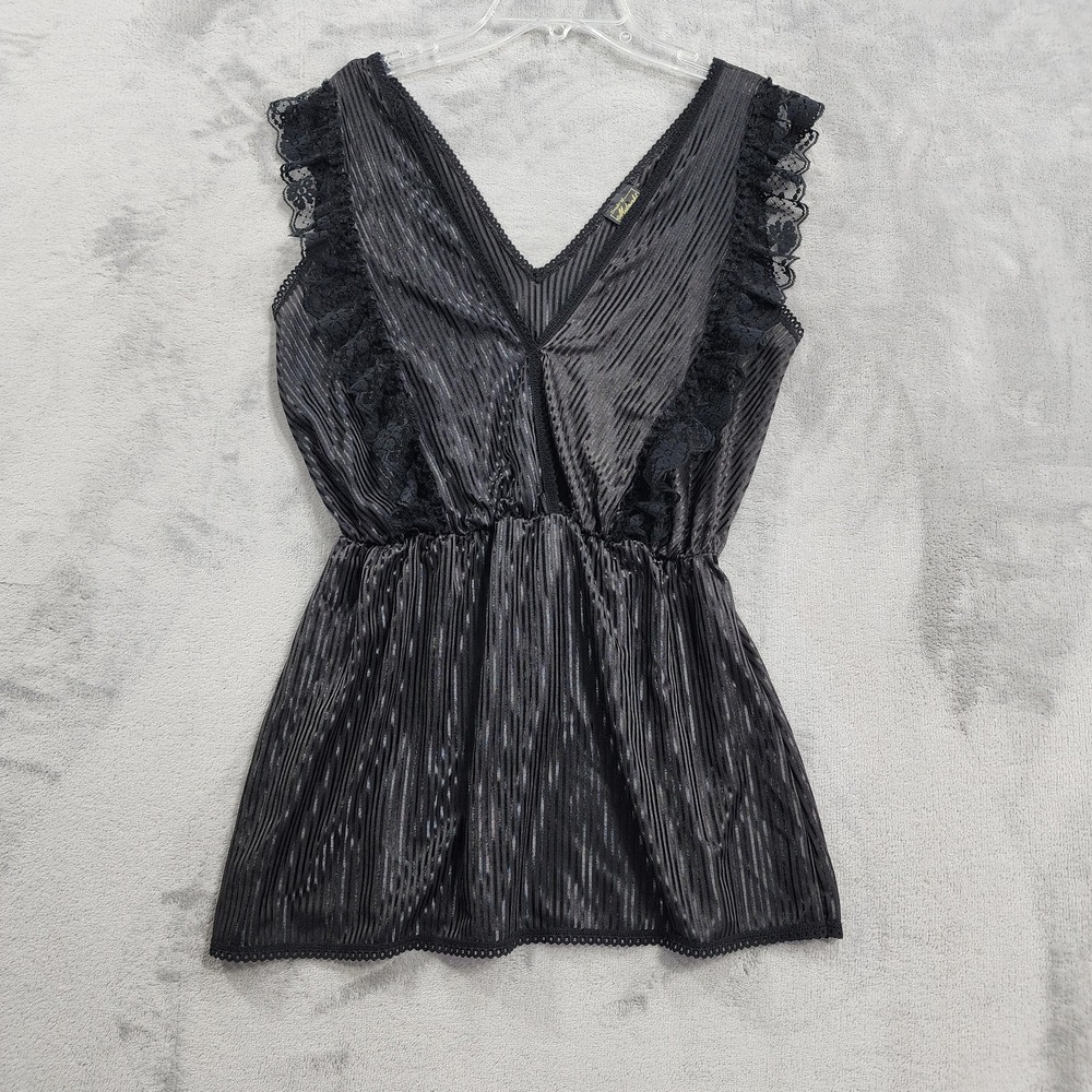 Vintage Stroke Of Midnight Chemise Womens M Black Satin Striped Lace Ruffle Sexy